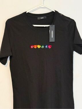 Diesel Black Short Sleeve Tee with Rainbow Heart Lettering
